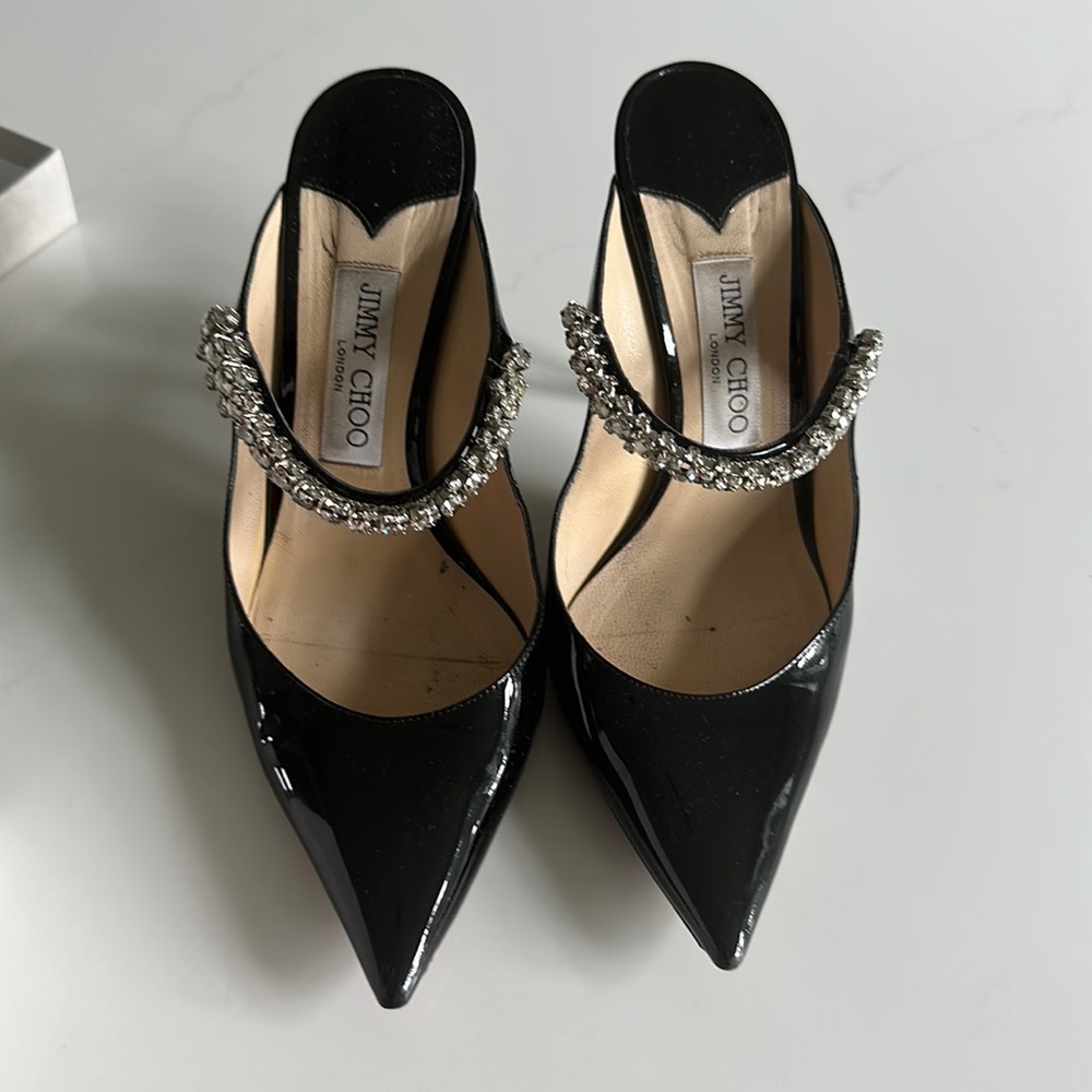 Jimmy Choo Bing 100 Black Patent Leather Mules with Crystal Strap